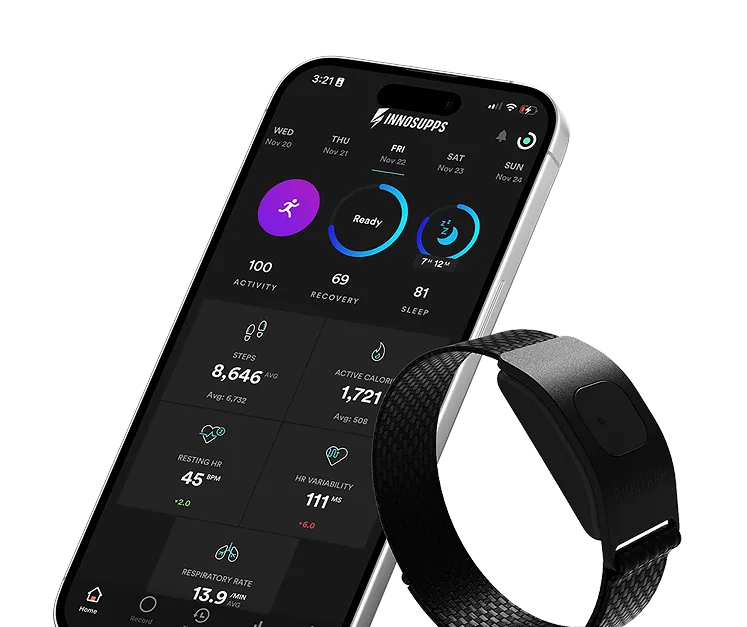 Biostrap health monitoring wearable device on wrist alongside smartphone app displaying biometric analytics
