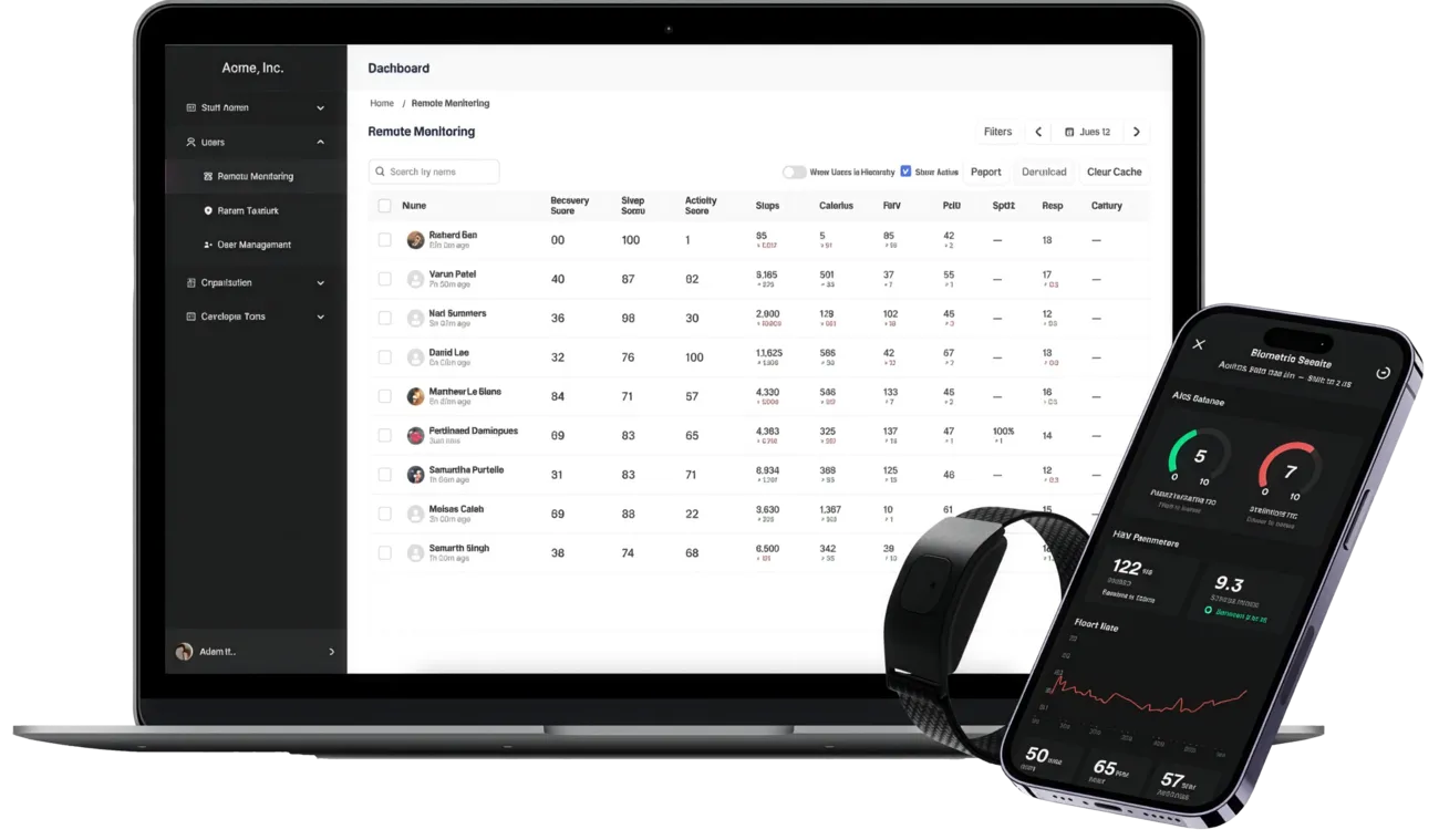 Biostrap health monitoring wearable device, mobile app interface, and clinical research dashboard mockup